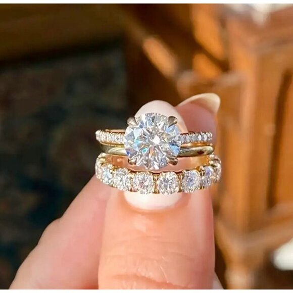 18K Gold Plated Sparkling Solitaire & Eternity Ring Set Of 3 Size 6 - Picture 2 of 4